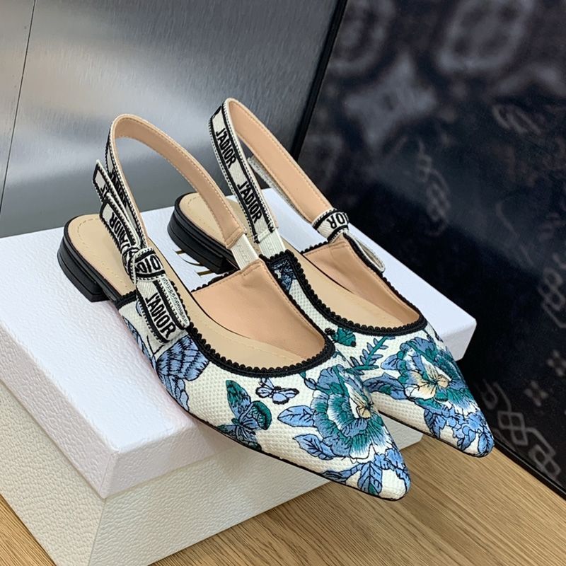 J'Adior Slingback Pumps Women Toile de Jouy Mexico Motif Canvas White Blue Hot Sale