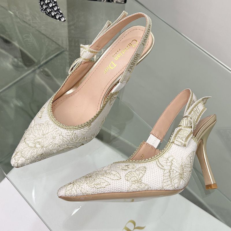 Hot J'Adior Slingback Pumps Women Toile de Jouy Mexico Motif Canvas White Gold