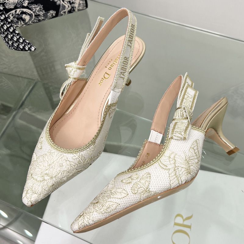 Hot J'Adior Slingback Pumps Women Toile de Jouy Mexico Motif Canvas White Gold