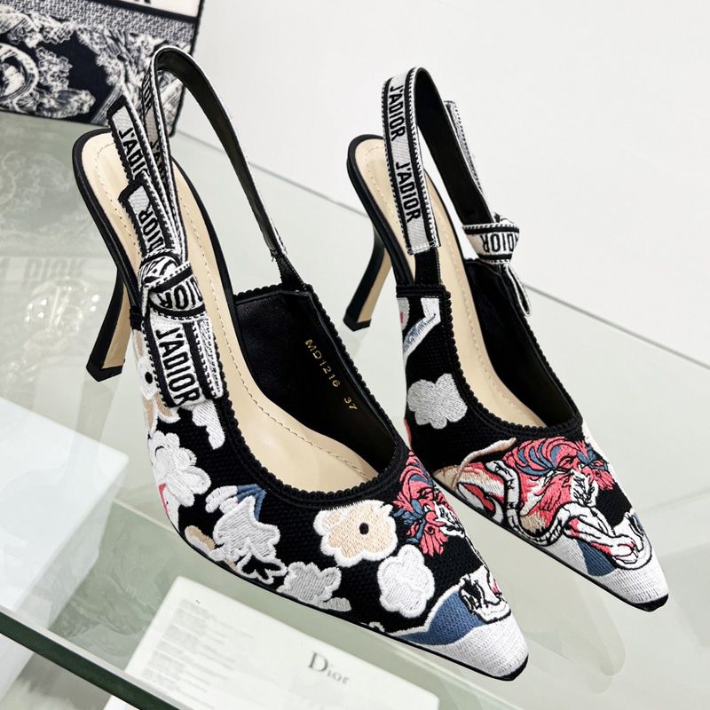 J'Adior Slingback Pumps Women Toile de Jouy Pop Motif Canvas Black Hot Sale