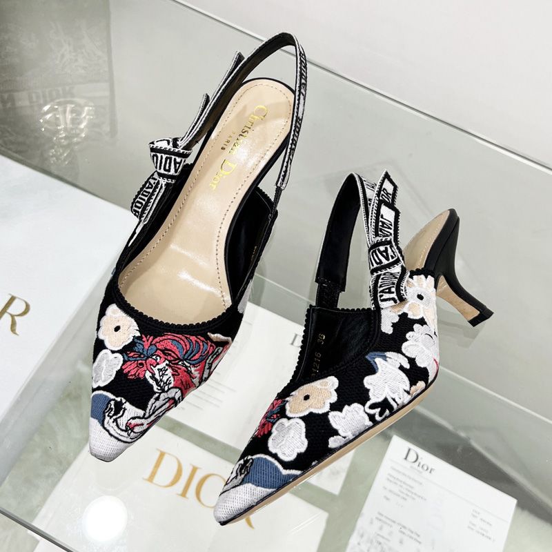 J'Adior Slingback Pumps Women Toile de Jouy Pop Motif Canvas Black Hot Sale