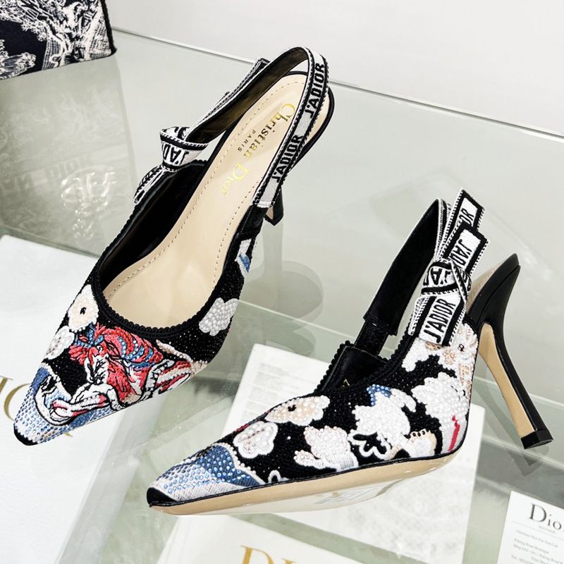 Hot J'Adior Slingback Pumps Women Toile de Jouy Pop Motif Canvas with Beads and Strass Black