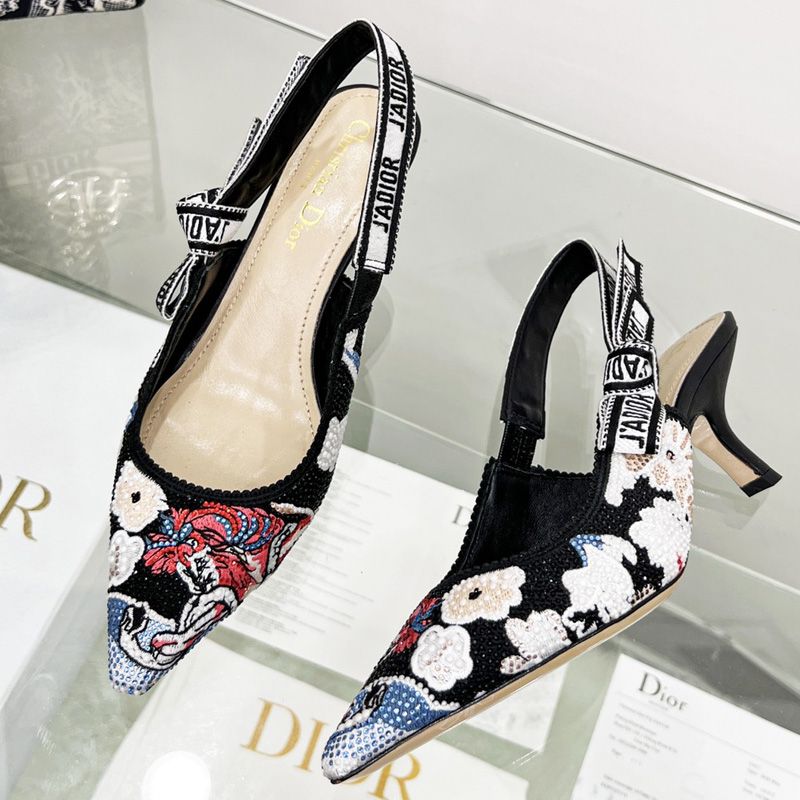 Hot J'Adior Slingback Pumps Women Toile de Jouy Pop Motif Canvas with Beads and Strass Black