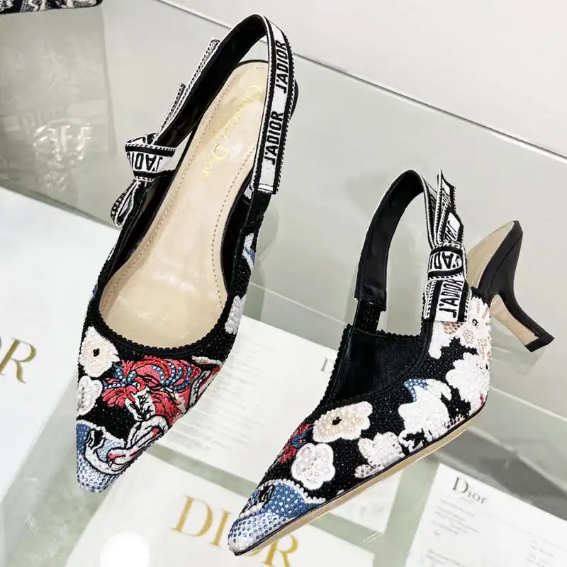 Affordable Hot J'Adior Slingback Pumps Women Toile de Jouy Pop Motif Canvas with Beads and Strass Black