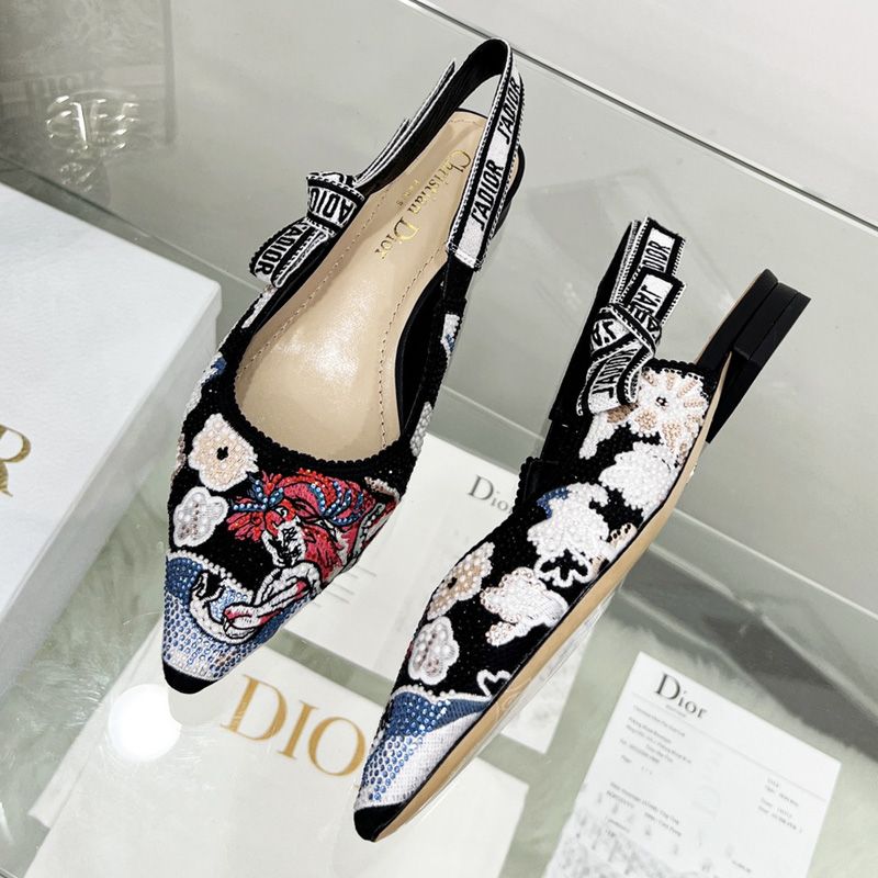 Hot J'Adior Slingback Pumps Women Toile de Jouy Pop Motif Canvas with Beads and Strass Black