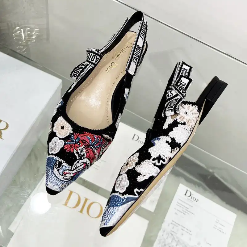 Affordable Hot J'Adior Slingback Pumps Women Toile de Jouy Pop Motif Canvas with Beads and Strass Black