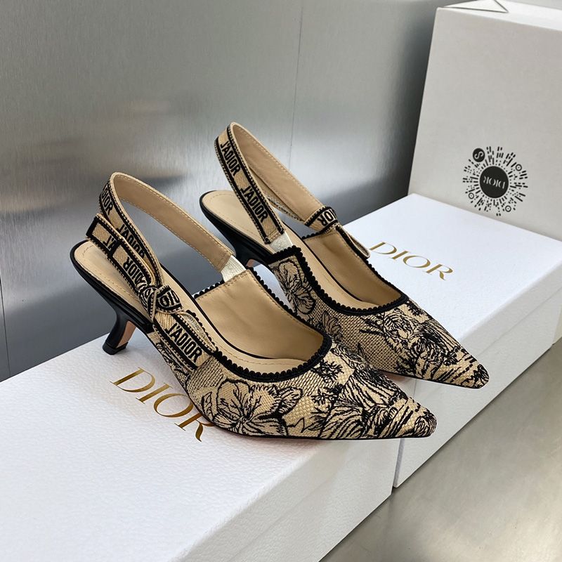 J'Adior Slingback Pumps Women Toile de Jouy Voyage Motif Canvas Beige Hot Sale