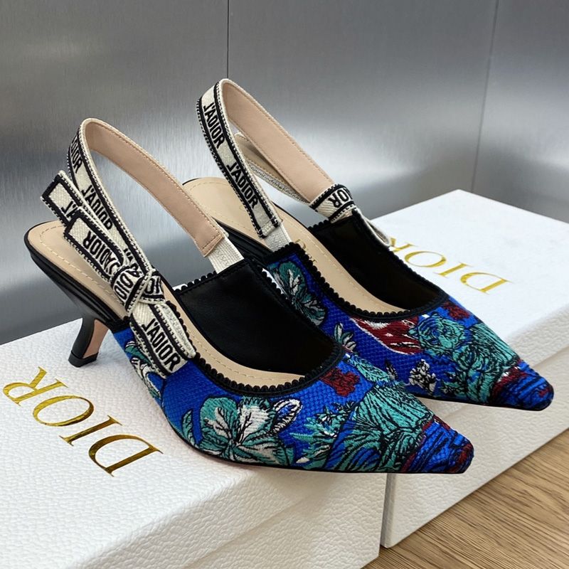 Hot J'Adior Slingback Pumps Women Toile de Jouy Voyage Motif Canvas Blue Green