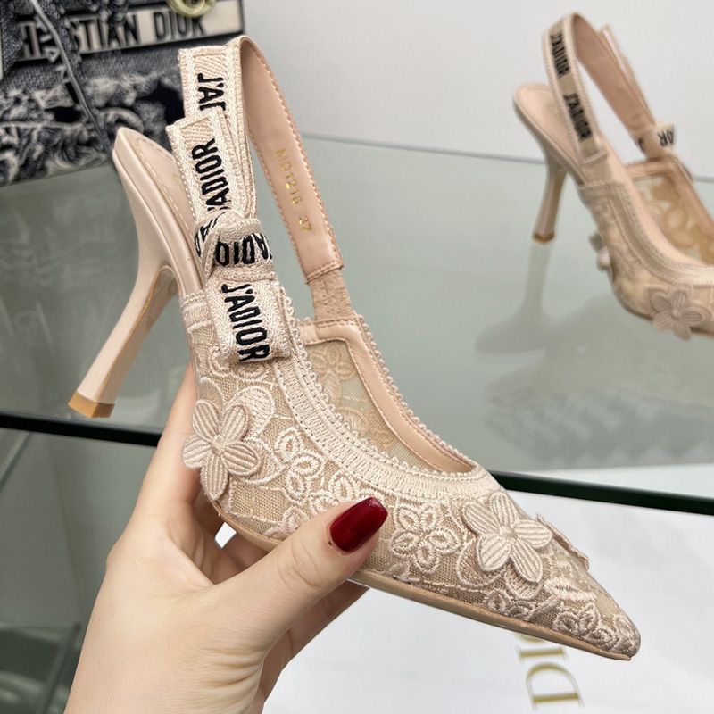 Hot J'Adior Slingback Pumps Women 3D D-lace Motif Transparent Mesh Khaki