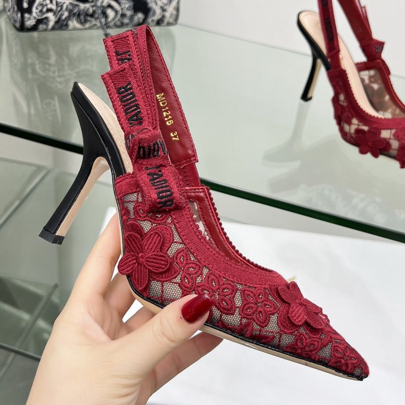 J'Adior Slingback Pumps Women 3D D-lace Motif Transparent Mesh Red Hot Sale