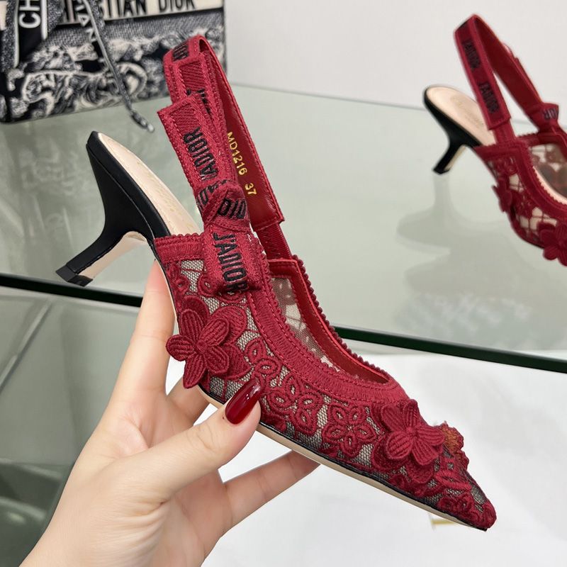 J'Adior Slingback Pumps Women 3D D-lace Motif Transparent Mesh Red Hot Sale