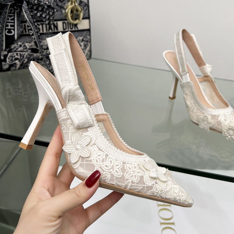 J'Adior Slingback Pumps Women 3D D-lace Motif Transparent Mesh White Hot Sale