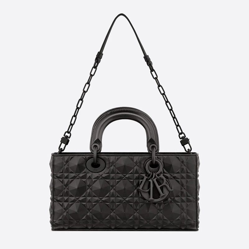 Hot Medium Lady D-Joy Bag Ultramatte Cannage Calfskin with Diamond Motif Black