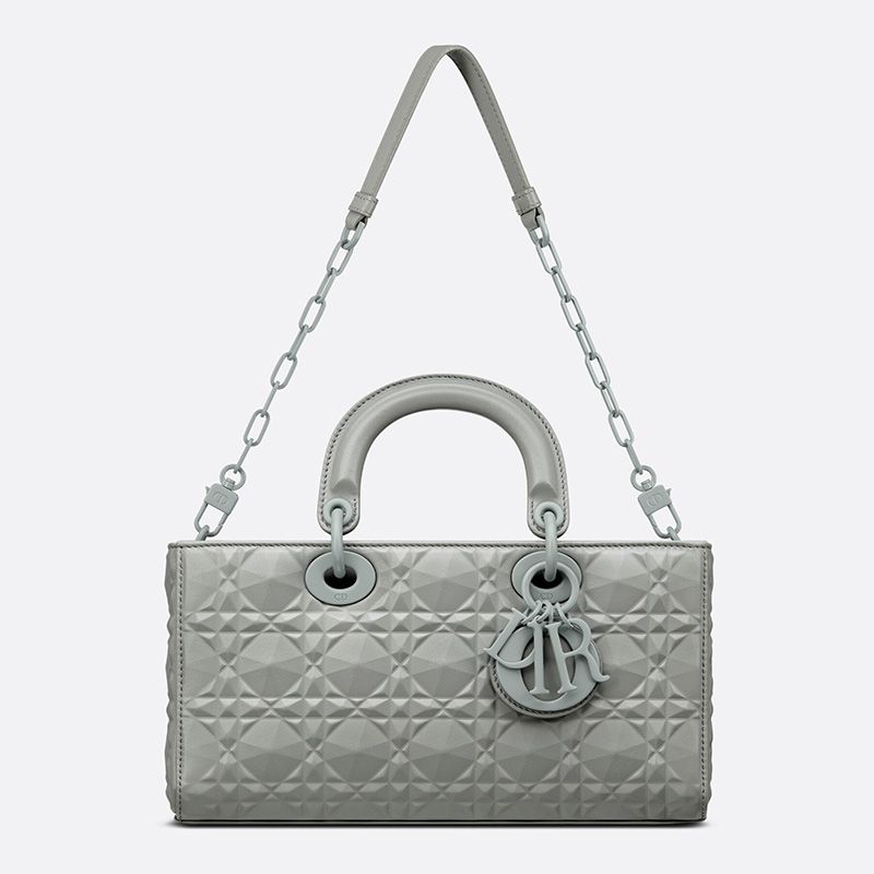 Hot Medium Lady D-Joy Bag Ultramatte Cannage Calfskin with Diamond Motif Grey