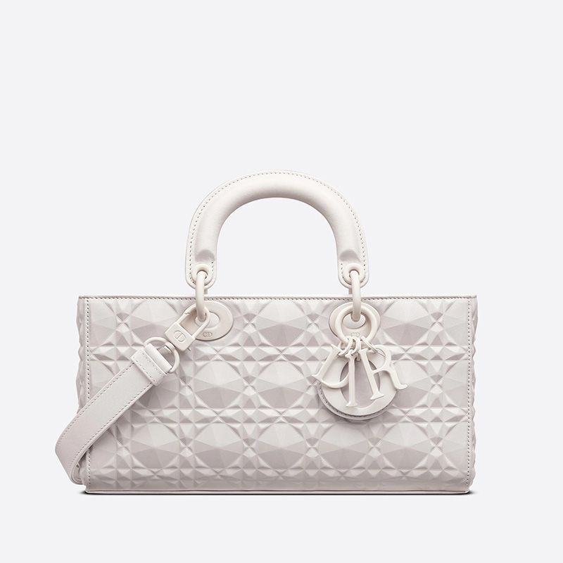 Hot Medium Lady D-Joy Bag Ultramatte Cannage Calfskin with Diamond Motif White