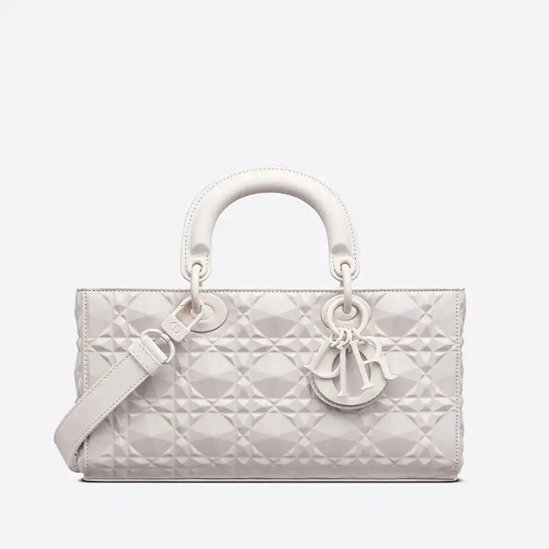 Medium Lady D-Joy Bag Ultramatte Cannage Calfskin with Diamond Motif White Luxury