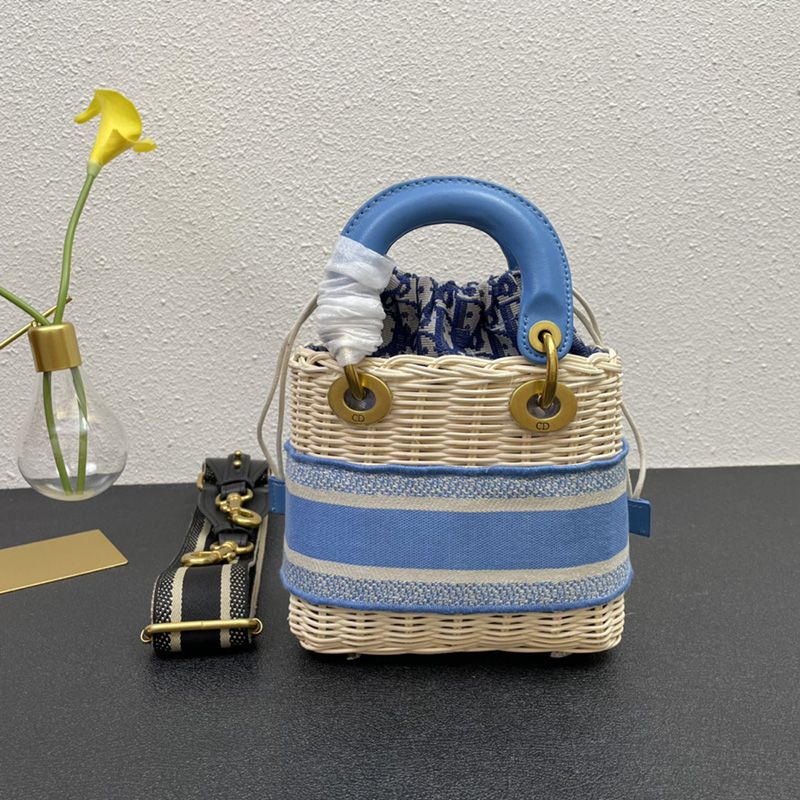 Small Lady Dior Bag Wicker and Oblique Motif Canvas Light Blue