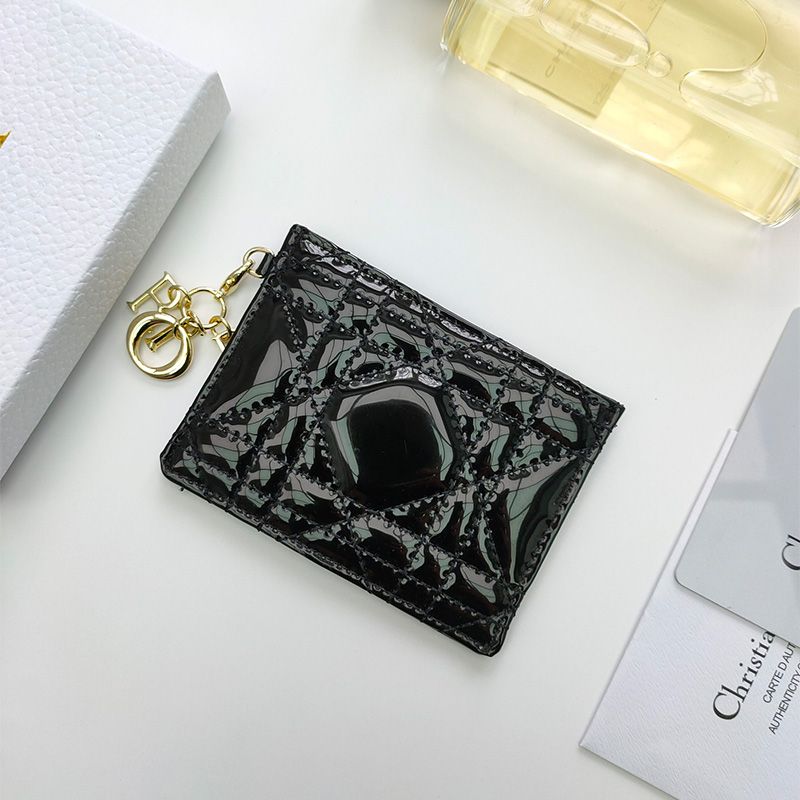 Hot Lady Dior Card Holder Patent Cannage Calfskin Black