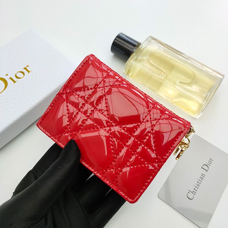 Lady Dior Flap Card Holder Patent Cannage Calfskin Red