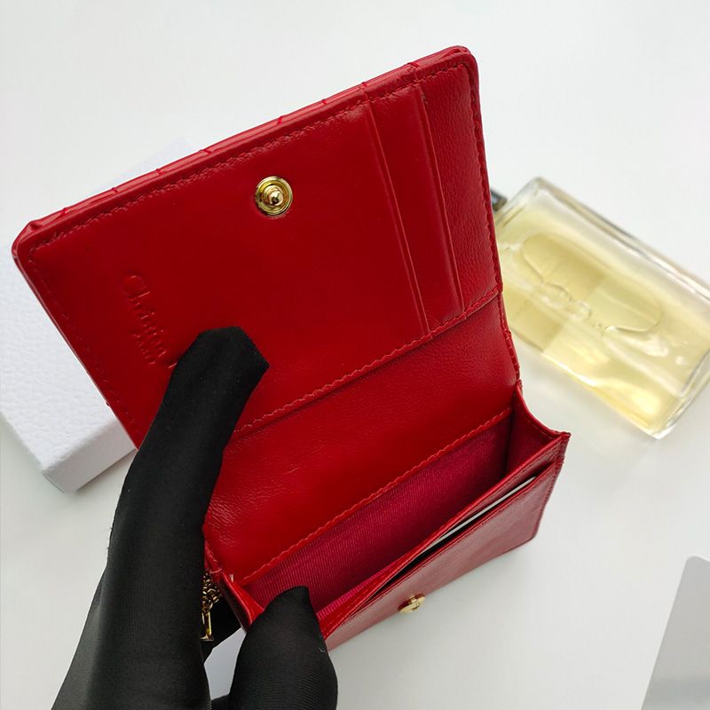 Lady Dior Flap Card Holder Patent Cannage Calfskin Red