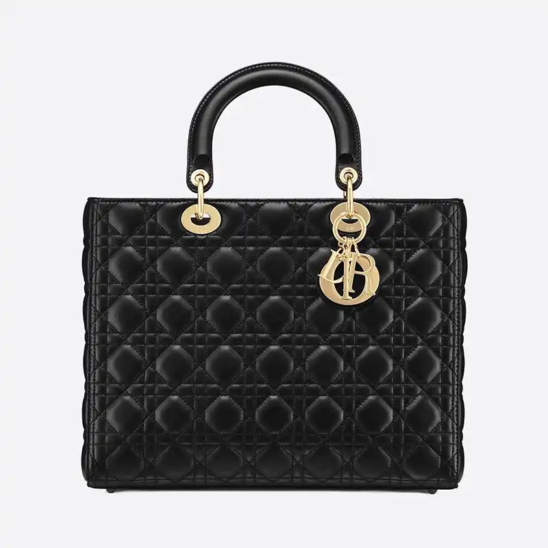 Large Lady Dior Bag Cannage Lambskin Black Gold Luxury