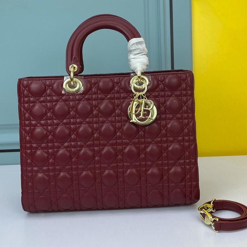 Hot Large Lady Dior Bag Cannage Lambskin Burgundy Gold