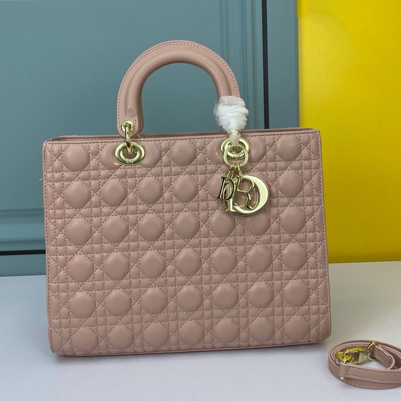 Hot Large Lady Dior Bag Cannage Lambskin Pink Gold