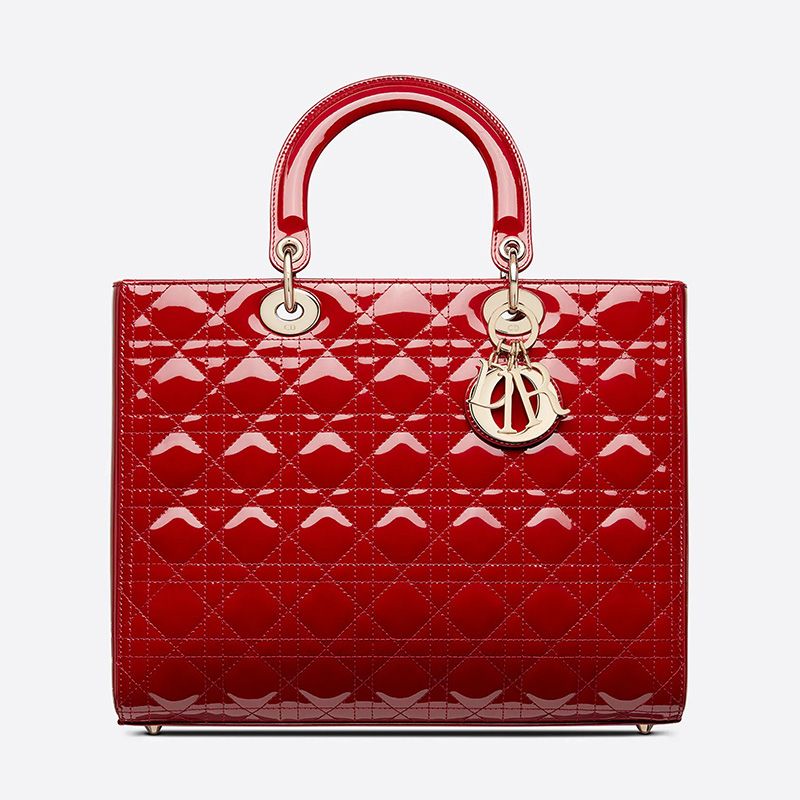 Hot Large Lady Dior Bag Patent Cannage Calfskin Red Gold