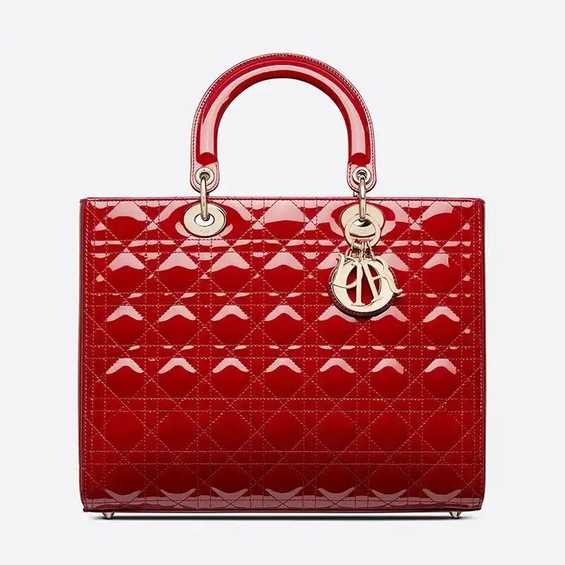 Large Lady Dior Bag Patent Cannage Calfskin Red Gold Luxury