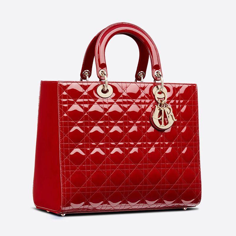 Hot Large Lady Dior Bag Patent Cannage Calfskin Red Gold