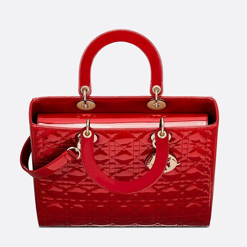 Hot Large Lady Dior Bag Patent Cannage Calfskin Red Gold