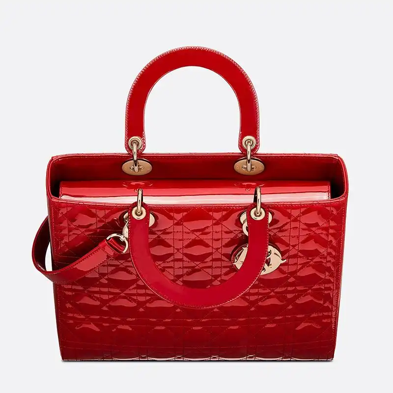 Cheap TOP Large Lady Dior Bag Patent Cannage Calfskin Red Gold