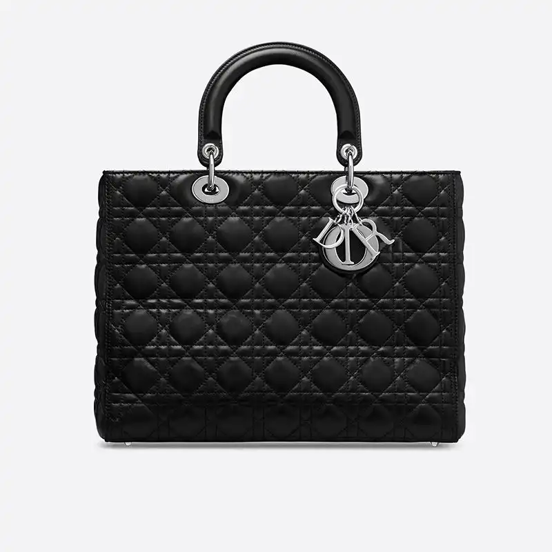 Large Lady Dior Bag Cannage Lambskin Black Silver Luxury