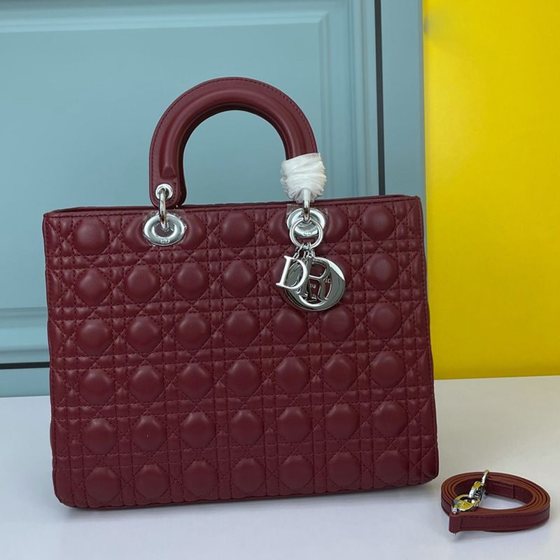 Hot Large Lady Dior Bag Cannage Lambskin Burgundy Silver