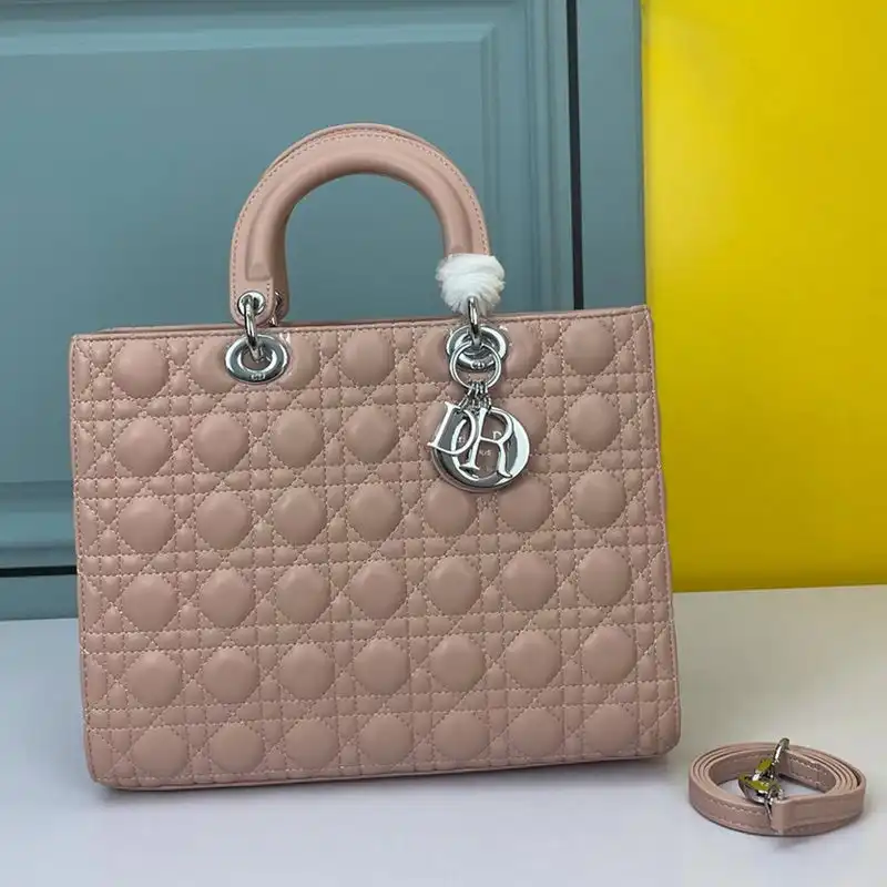 Large Lady Dior Bag Cannage Lambskin Pink Silver