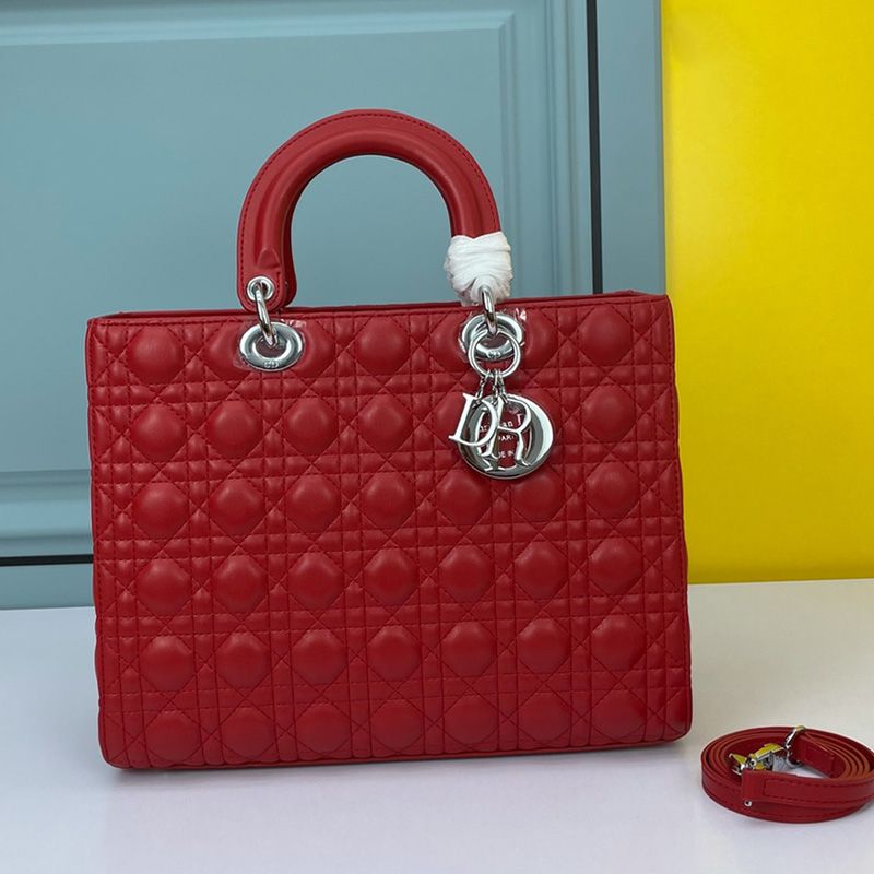 Hot Large Lady Dior Bag Cannage Lambskin Red Silver