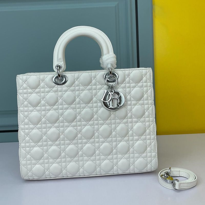 Hot Large Lady Dior Bag Cannage Lambskin White Silver