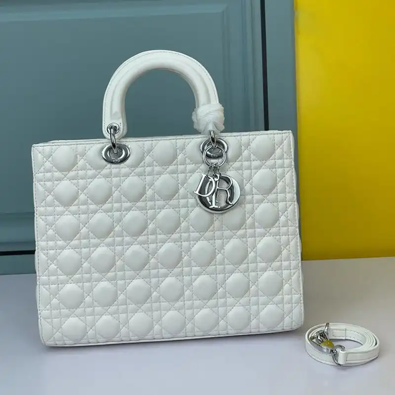 Large Lady Dior Bag Cannage Lambskin White Silver Hot Sale