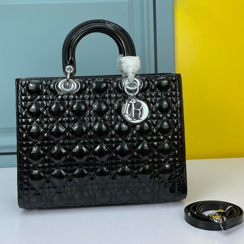 Hot Large Lady Dior Bag Patent Cannage Calfskin Black Silver