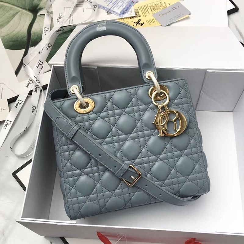 Medium Lady Dior Bag Cannage Lambskin Sky Blue Gold