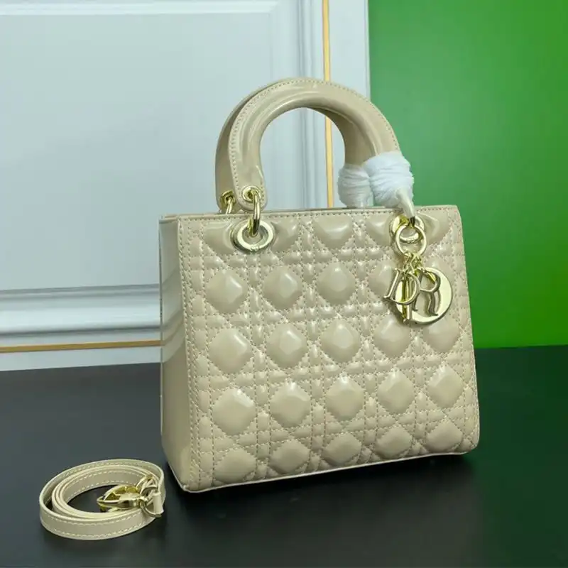 Medium Lady Dior Bag Patent Cannage Calfskin Apricot Gold Luxury