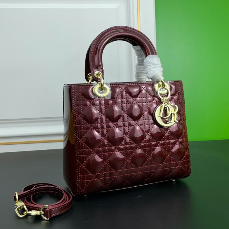 Hot Medium Lady Dior Bag Patent Cannage Calfskin Burgundy Gold