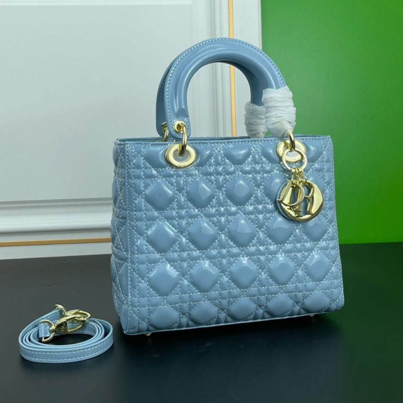 Medium Lady Dior Bag Patent Cannage Calfskin Sky Blue Gold Hot Sale