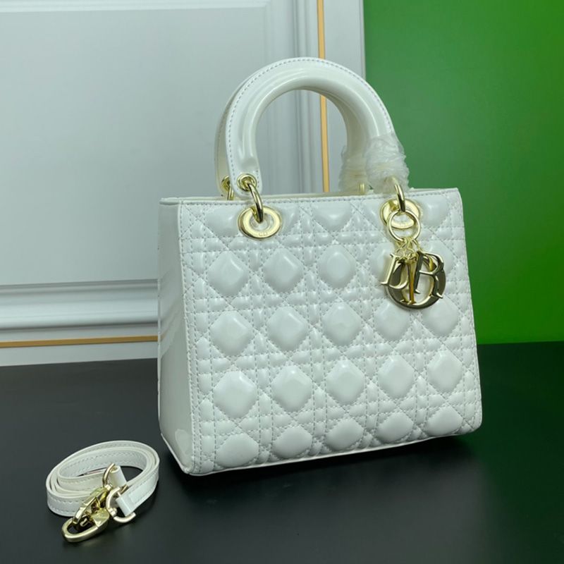 Medium Lady Dior Bag Patent Cannage Calfskin White Gold Hot Sale