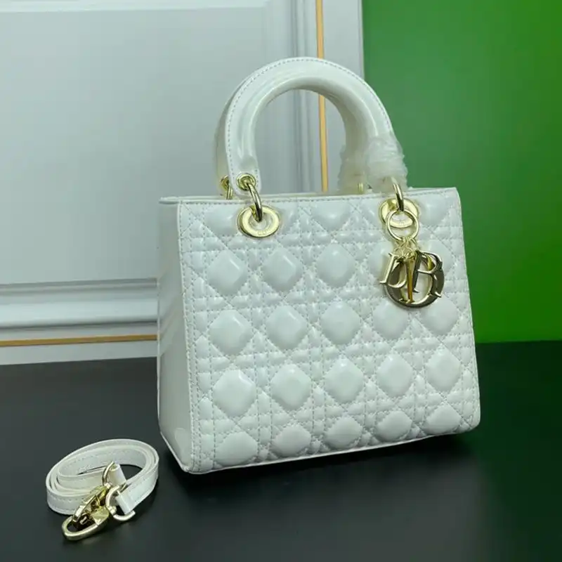 Medium Lady Dior Bag Patent Cannage Calfskin White Gold Luxury