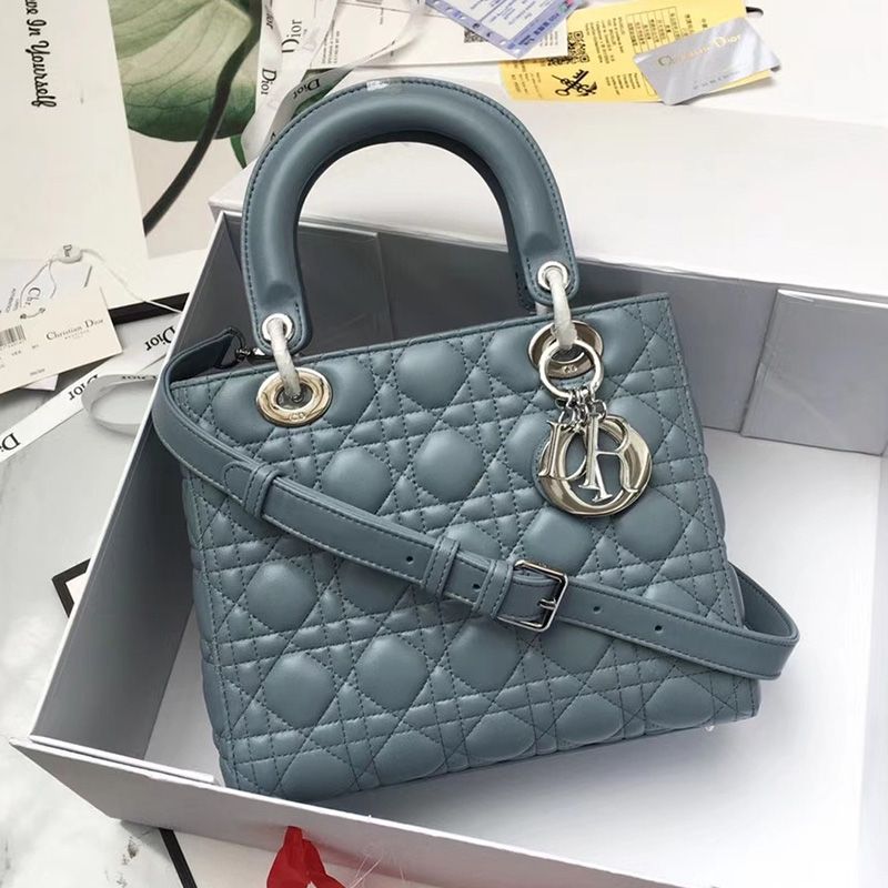 Hot Medium Lady Dior Bag Cannage Lambskin Sky Blue Silver