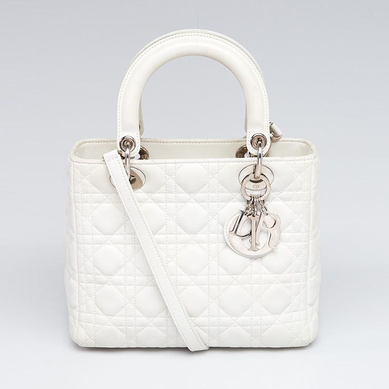 Medium Lady Dior Bag Cannage Lambskin White Silver Hot Sale