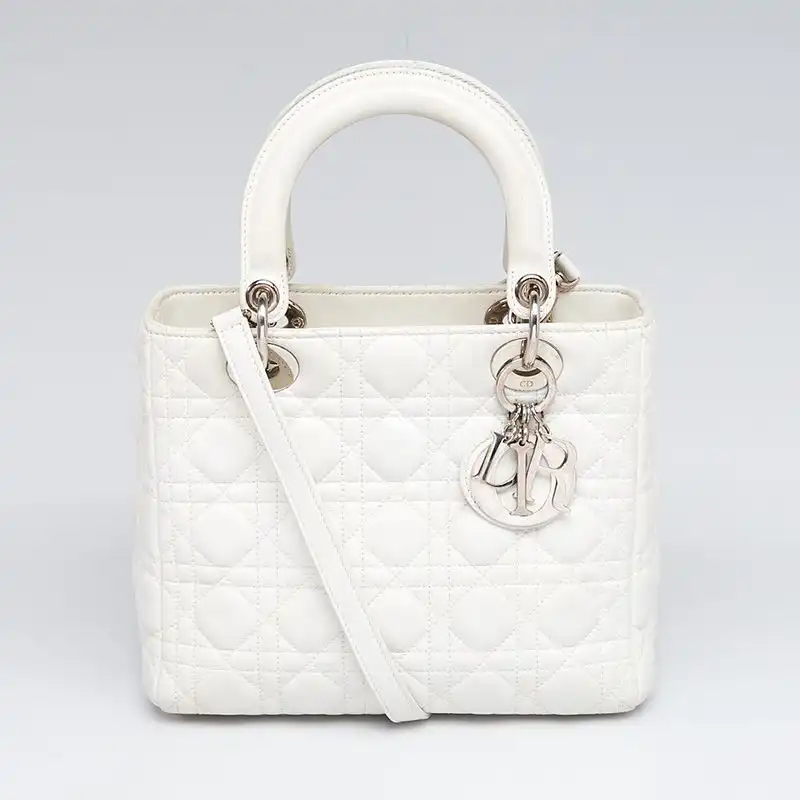 TOP Medium Lady Dior Bag Cannage Lambskin White Silver