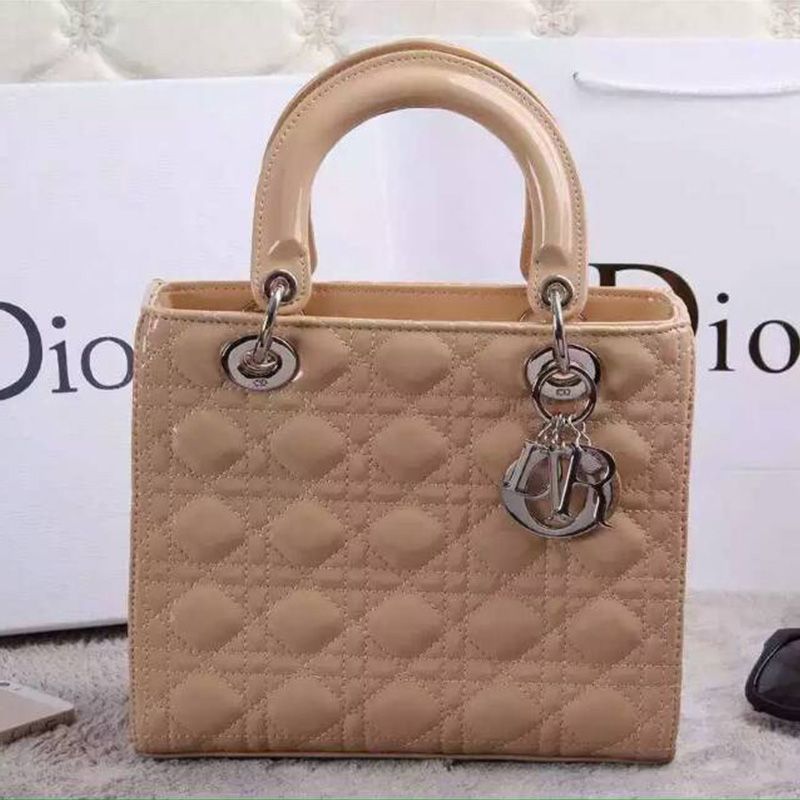 Hot Medium Lady Dior Bag Patent Cannage Calfskin Apricot Silver