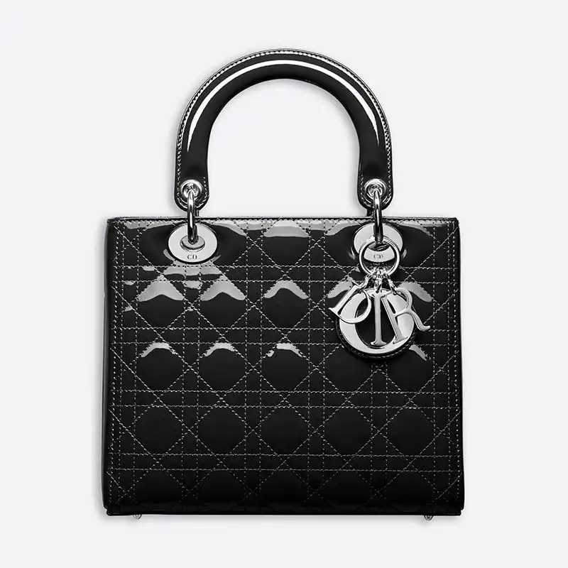 Medium Lady Dior Bag Patent Cannage Calfskin Black Silver Luxury